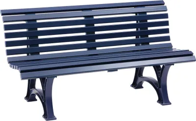 A dark blue park bench is shown against a white background.