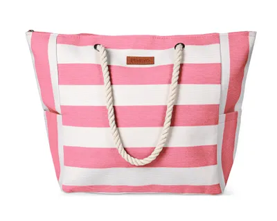 Produktbild von Strandtasche Damen Große Badetasche mit Reißverschluss Freizeittasche Sommer Tasche Gestreift Shopper Bag Einkaufstasche XXL Rosa