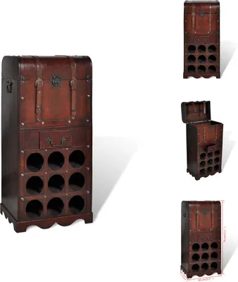 A product shot of a wooden wine rack with storage.
