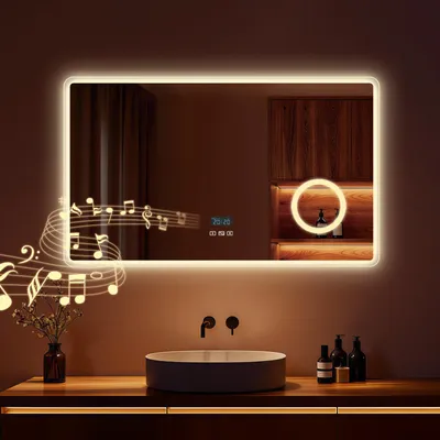 Produktbild von S'AFIELINA 60x100 cm LED Badspiegel mit Beleuchtung , Touch, dimmbar, 3 Lichtfarben, Bluetooth, Uhr, beschlagfrei, 3X Kosmetikspiegel, Wandmontage