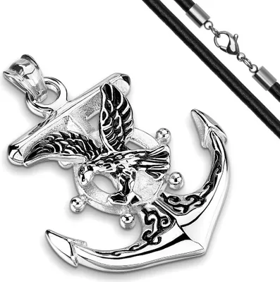 Produktbild von Edelstahl Anhänger Anker Adler Steuerrad Halskette Lederkette Kugelkette Damen Herren Autiga® silber+lederkette