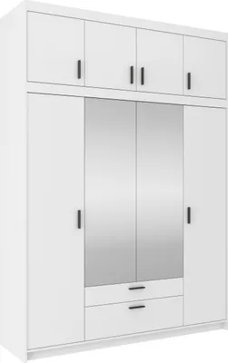 A white wardrobe with mirrored doors and an overhead cabinet.