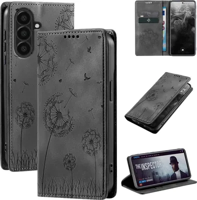 A collage of images showing a black flip phone case with a dandelion design, and a phone inside the case.