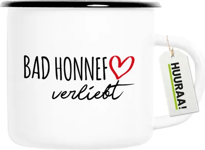 Produktbild von Huuraa Emaille Tasse Bad Honnef verliebt 300ml Vintage Campingbecher Geschenkidee