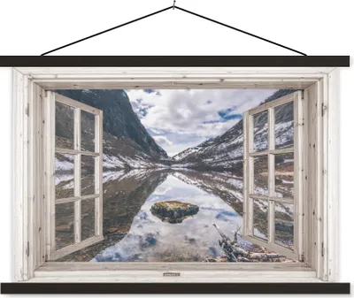Produktbild von MuchoWow® Textilposter Durchblick - Berge - Stein 60x40 cm mit schwarzem Rahmen - Hölzernes