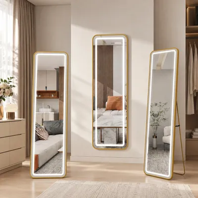 Produktbild von INONEFT Quadratisch Ganzkörperspiegel 150×40 cm mit LED Beleuchtung, Wandspiegel, Hängend oder Lehnend an die Wand, Hartglas, Gold, KI-generiertes Bild