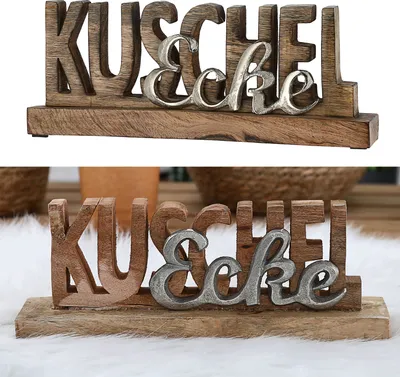 Produktbild von Schriftzug 'Kuschelecke' silber 30x12x5,5cm Mangoholz Aluminium Dekoaufsteller Tischdeko Aufsteller