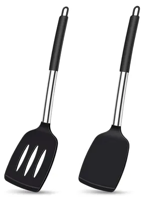 Produktbild von 2 Stück Pfannenwender Silikon, Hitzebeständig Silikon Küchenhelfer Spatel BPA Frei mit Edelstahlgriff, für Fisch, Eier, Pfannkuchen, Schwarz