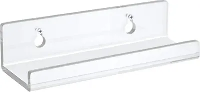 A clear acrylic shelf mounted on a white background.