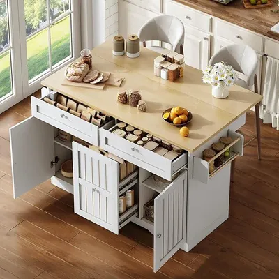 Productafbeelding van Mobiel keukenblok met opklapbaar werkblad, keukentrolley, serveerwagen, 2 lades, kruidenrek, vergrendelbare wielen, 120x45(70) x92 cm, wit