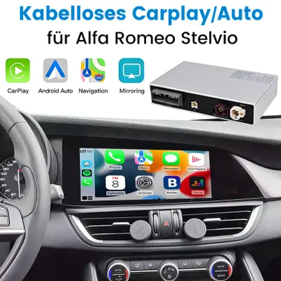 A collage showing a car's infotainment system with a wireless CarPlay/Auto adapter for an Alfa Romeo Stelvio. It includes icons for CarPlay, Android Auto, Navigation, and Mirroring, along with the adapter itself and a view of the car's dashboard and screen