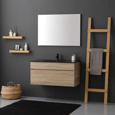 Immagine prodotto di Mobile bagno sospeso 100cm quercia naturale con lavabo nero opaco | Sole