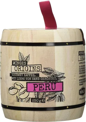 Produktbild von Minges Kaffee Peru Hochland Arabica im Holzfass, ganze Bohne