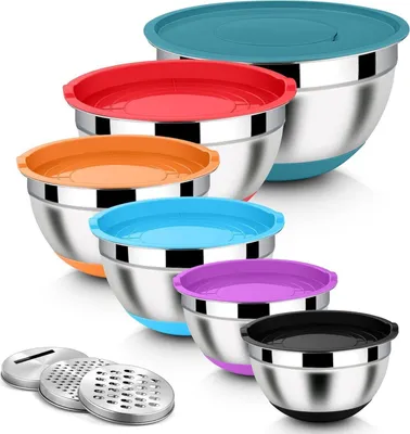 Produktbild von Homikit Edelstahl Rührschüssel Set mit Reibeinsätzen und Deckel, stapelbar, bunt - 6-teilig