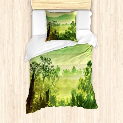 Immagine prodotto di ABAKUHAUS Set copripiumino paesaggio, scena naturale nei toni del verde con montagne e alberi, 135 x 200 cm + 80 x 80 cm, verde lime giallo verde