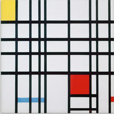Produktbild von ARTland Glasbild Komposition mit rot blau und gelb. Größe: 30x30 cm