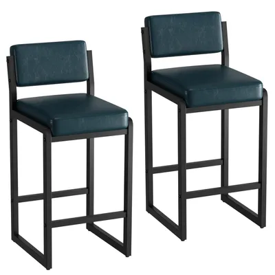 Image de Ensemble de 2 tabourets de bar avec dossier, 92 cm de hauteur, en similicuir bleu foncé