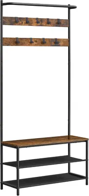 Immagine prodotto di Appendiabiti con panchina e porta scarpe - Mobile per l'ingresso 4-in-1 - 9 ganci - Porta abiti - Stile vintage, marrone e nero