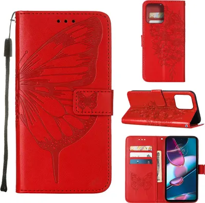 Produktbild von Lederhülle für Motorola Edge+ (2023) Schmetterling Prägung Flip Ledertasche Kartenfächer Handyhülle mit Ständer Rot