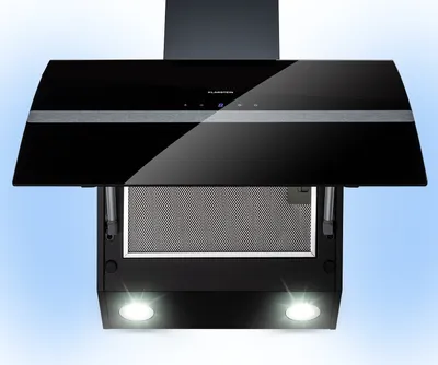 A black kitchen range hood with a glass front and silver accents, set against a light blue background.