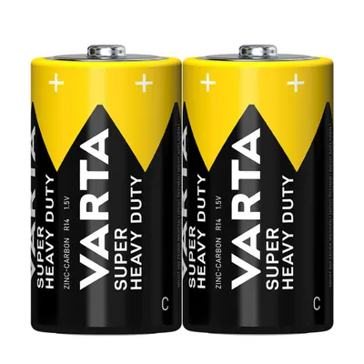 Two Varta Super Heavy Duty C batteries are shown against a white background.