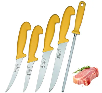 Produktbild von SMI 5-tlg Küchenmesser Set Solingen - Metzgermesser Fleischermesser Kochmesser Ausbeinmesser Schlachtermesser Wetzstahl Deutscher Molybdän Stahl 1.411