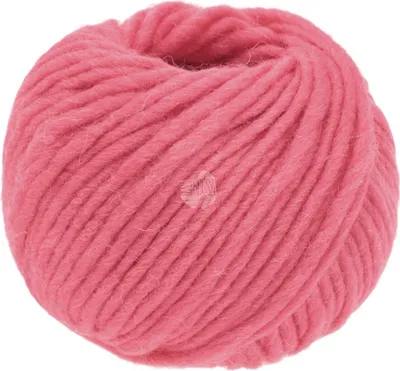 A ball of pink yarn is shown against a white background.