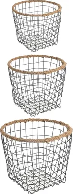 Produktbild von Metallkörbe SINO 3er Set schwarz mit Hanfgeflecht. Vielseitige Aufbewahrungskörbe, Obstkorb, Handtuchkorb, Gitterkorb Küche, Korb Metall