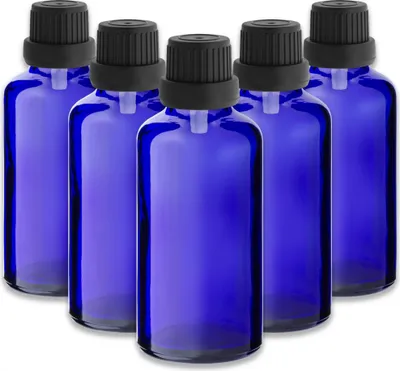 Produktbild von 5x Blaue Glasflasche 50 ml mit schwarzem Tropfer – Kosmetikflasche