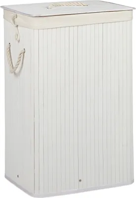 Image de Panier à linge Relaxdays en bambou, avec couvercle, rectangulaire, XL, 83 L, pliable, dimensions : 65,5 x 43,5 x 33,5 cm, blanc