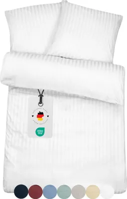 Produktbild von Weiße Bettwäsche 155x220 Weiß gestreifte Damast Bettbezug 155 x 220 Streifen 100% Baumwolle