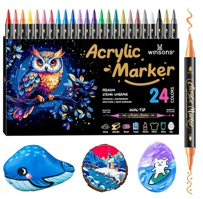 Zdjęcie produktu dla Markery akrylowe, 24 kolory, wodoodporne, z podwójną końcówką, do użytku na papierze, szkle, tkaninach i drewnie