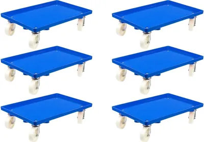 Produktbild von SparSet 6x Transportroller für Euroboxen 60x40cm mit Kunststoffräder blau | Geschlossenes Deck | 2 Lenkrollen & 2 Bockrollen | Traglast 300kg | Kistenroller Logistikroller Rollwagen Profi-Fahrgestell