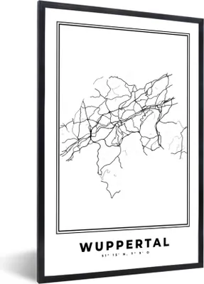 Produktbild von MuchoWow® Gerahmtes Poster Schwarz und weiß - Deutschland - Karte - Stadtplan - Wuppertal 60x90 cm - Poster mit Schwarzem Bilderrahmen Wandposter Rahmen Foto Bilder - Kunst