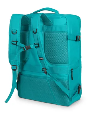The back view of a teal backpack.