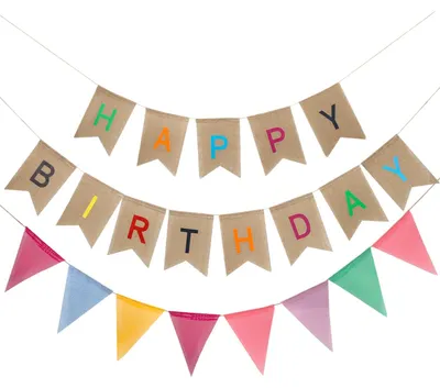 Happy Birthday Girlande, bunte Jute-Banner, 13 Flaggen, 1 m