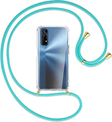 Produktbild von Handykette Backcover-Schutzhülle mit Band (Metall goldfarben) für Realme 7 (RMX2151) - türkis