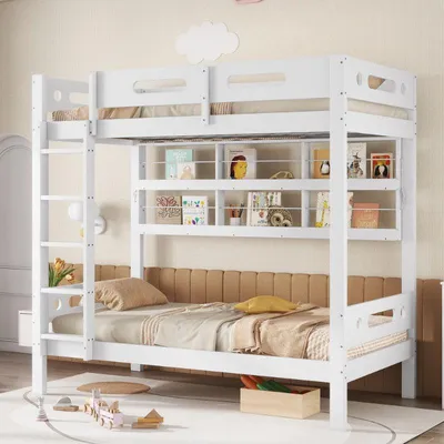 Image de Lit superposé 90x200 cm - Lit pour enfants moderne avec barrière de sécurité et échelle à 5 marches, fabriqué en MDF durable