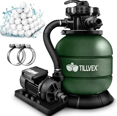 A pool sand filter system with a pump and filter balls.