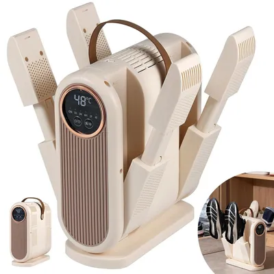 A beige electric shoe dryer with multiple drying arms, displayed on a white background. A smaller inset image shows the dryer in a lifestyle context with shoes.