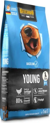 A bag of BELCANDO dog food for young dogs.