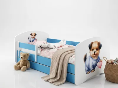 Immagine prodotto di Lettino per bambini 140x70 in blu, con materasso, spondina di sicurezza e cassetto portaoggetti | Lettino di alta qualità con motivo a tema per bambini, cane