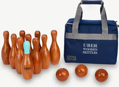 Zdjęcie produktu dla Uber Wooden Skittle Set / Bowling - Eco Hardwood z Indii w wytrzymałej torbie transportowej Ultra Luxury