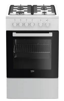 A freestanding electric and gas cooker with a white finish and a black oven door.