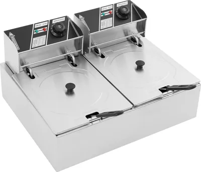 Zdjęcie produktu dla Frytkownica elektryczna, dwa zbiorniki, moc 5000 W, pojemność 6 l na zbiornik, zakres temperatur 60–200°C, konstrukcja ze stali nierdzewnej