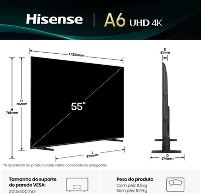 Produktbild von Hisense 55" A6Q, 4K Ultra HD 3840x2160, DLED, DFA, Präzisionsfarbe, HDR 10+, HLG, Dolby Vision, Lichtsensor, Smart TV, WiFi, BT, AnyView Cast, Gaming-Modus, 1xHDMI2 eArc, 3xHDMI, 2xUSB, LAN, CI+, DVB-T2/C/S2, Schwarz