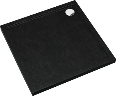 A black shower tray with a chrome drain cover.