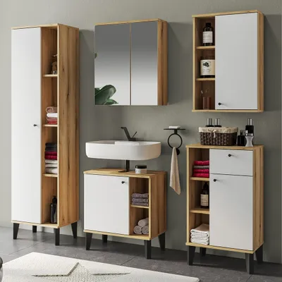 Produktbild von Badmöbel-Set 5-teilig mit Waschbeckenunterschrank 60 cm, Spiegelschrank, in Eiche mit weiß OLEAN-61