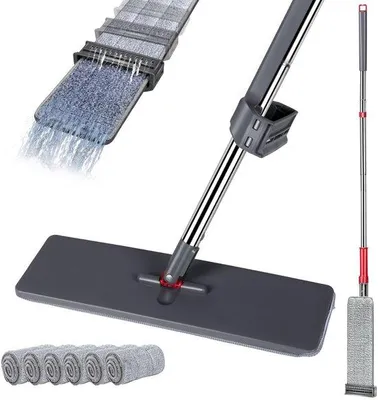 Imagen del producto de Kit de limpieza de suelos Ibenzoa® con mopa plana de autolimpieza, 6 almohadillas de microfibra reutilizables, mango de acero inoxidable de 130 cm, apto para todo tipo de suelos