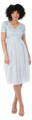 Produktbild von Maya Deluxe Damen Maya Deluxe Robe de Soirée Midi Ornée D'un Col en V À Manches